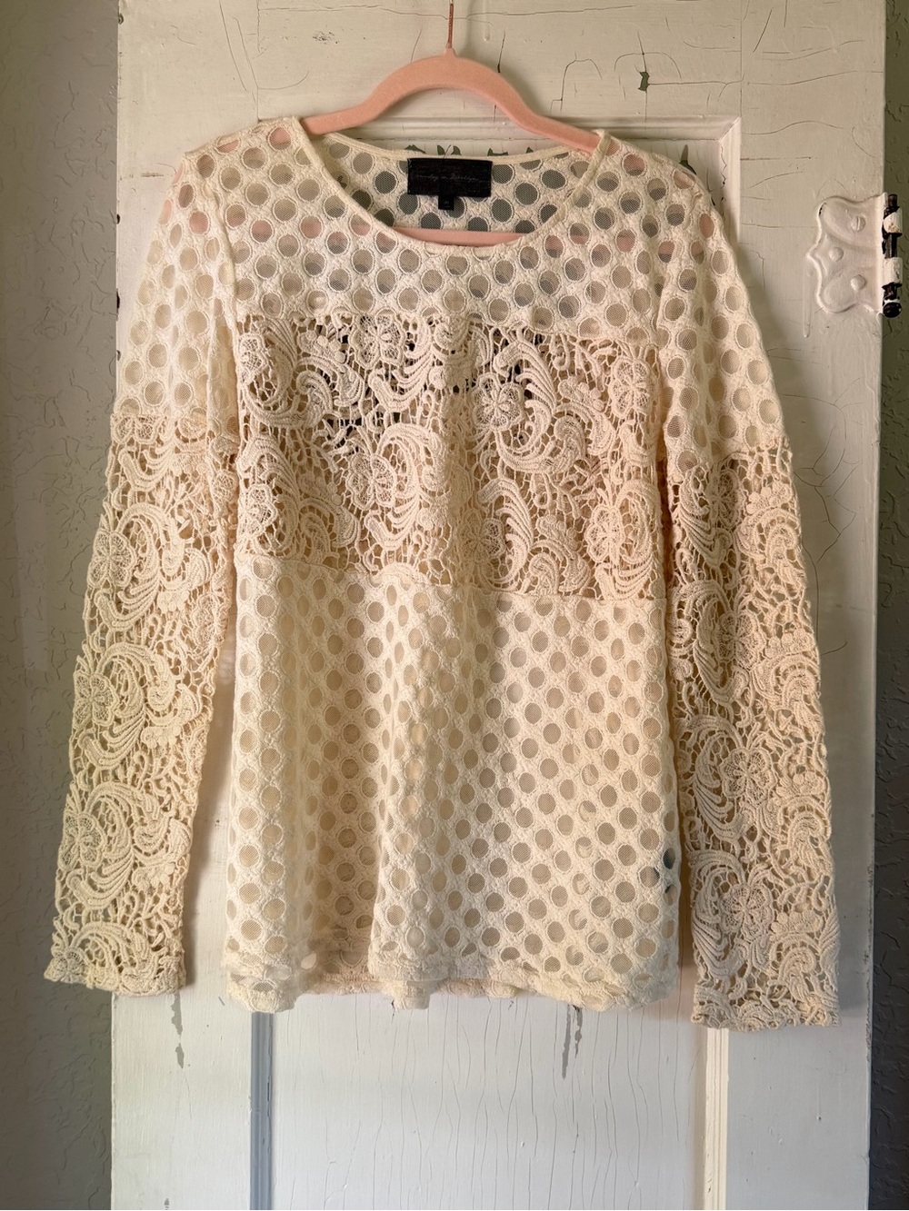 Sunday in Brooklyn Sheer Polka Dot & Crochet Paisley Blouse Size Medium